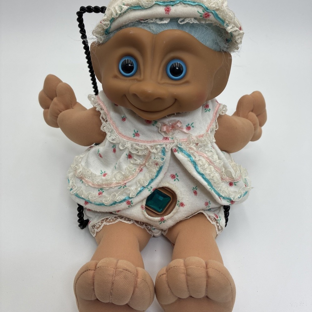Vintage Treasure Troll Doll Blue Hair Teal Gem Floral Outfit 11" Plush Toy 90's